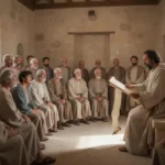 Early Christian gathering studying Paul’s teaching in Thessalonica