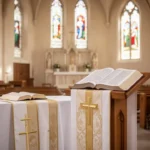Church sanctuary prepared for Trinity Sunday worship with Bible and white decorations