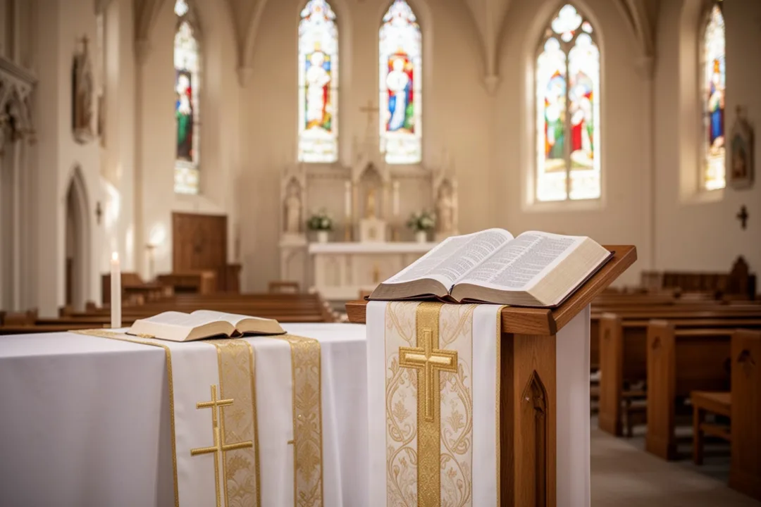 Church sanctuary prepared for Trinity Sunday worship with Bible and white decorations