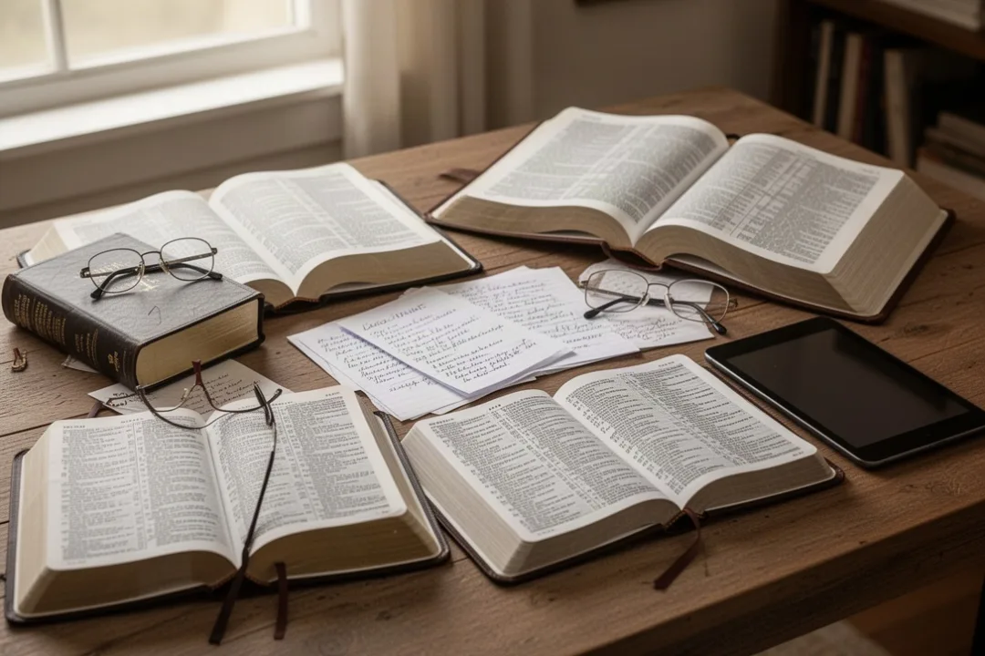 Different Bible editions arranged for comparison during personal study
