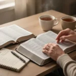 Verses from the Bible for comfort, wisdom, and hope Open Bible and notebook during quiet personal Scripture reading