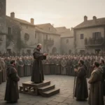 Dominican friar preaching to a medieval European crowd in a town square