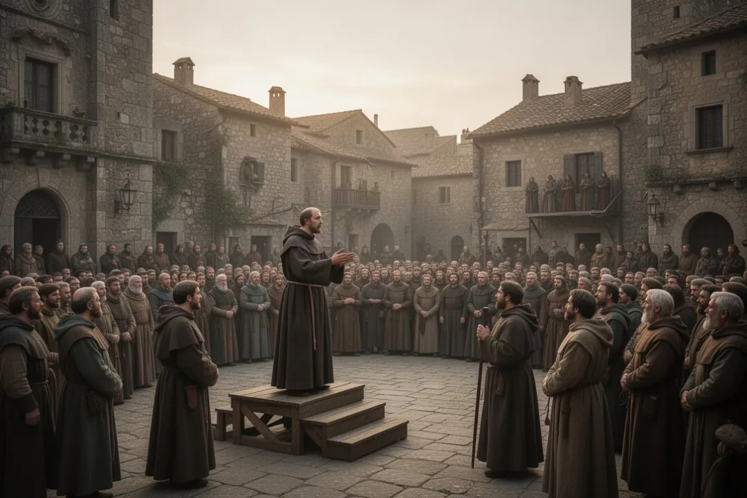 Dominican friar preaching to a medieval European crowd in a town square