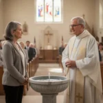 What a profession of faith means and how to write one Adult making a profession of faith beside a church baptismal font