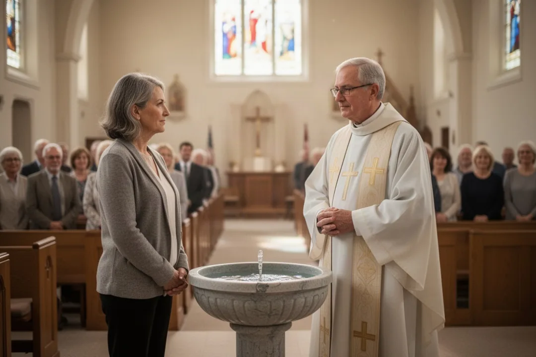 Adult making a profession of faith beside a church baptismal font