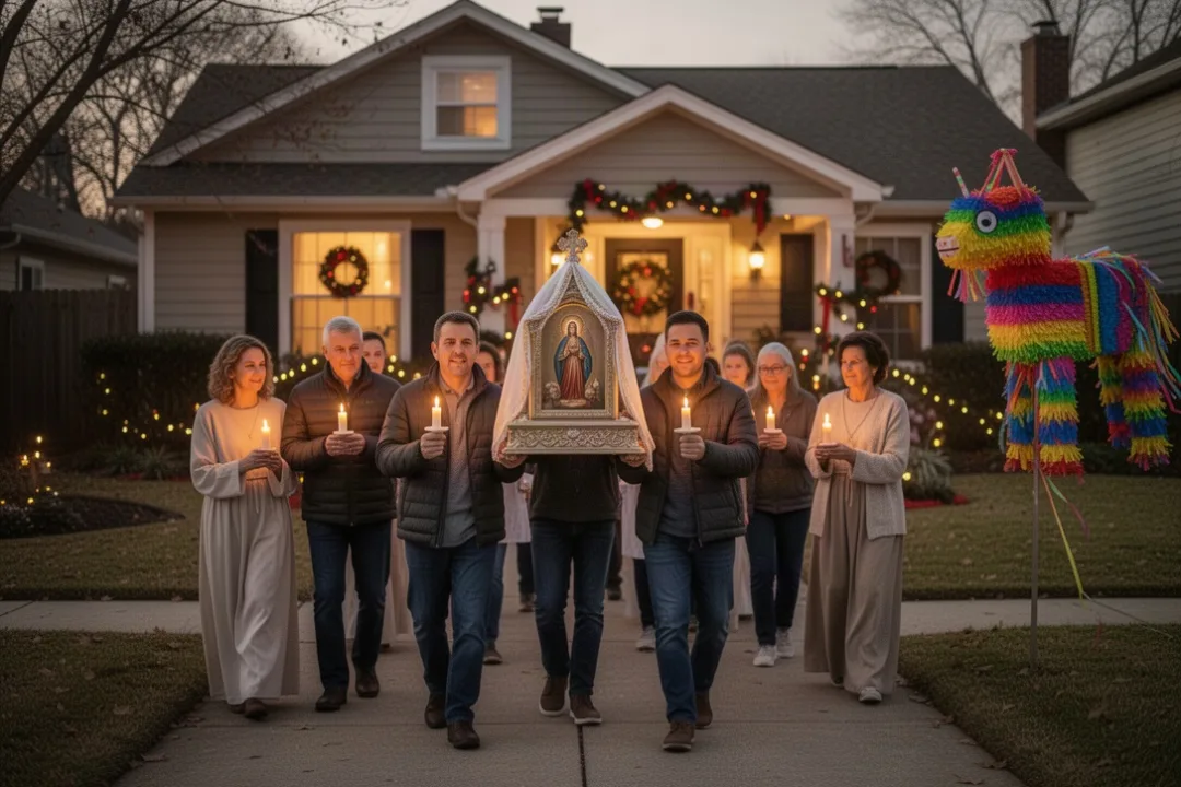 Families carrying candles during a Las Posadas neighborhood procession
