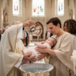 Catholic baptism ceremony with priest, infant, and gathered family