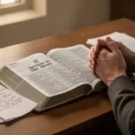 Open Bible and notes about the Beatitudes in a quiet study