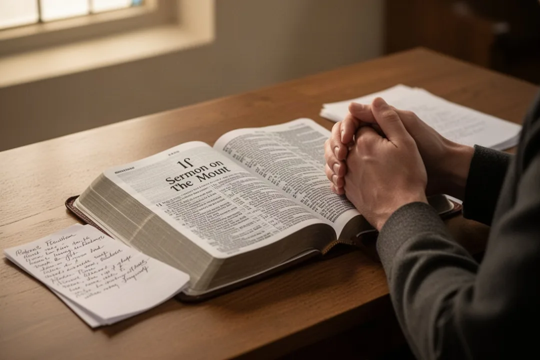Open Bible and notes about the Beatitudes in a quiet study
