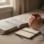 Open Bible and journal beside hands during quiet emotional reflection