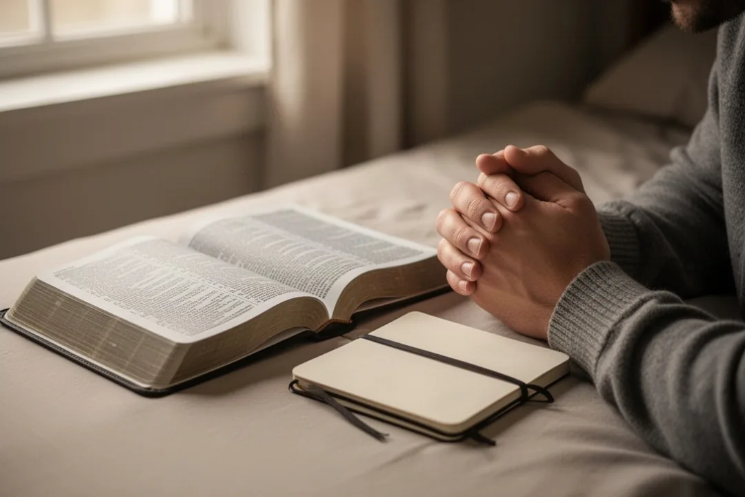 Open Bible and journal beside hands during quiet emotional reflection