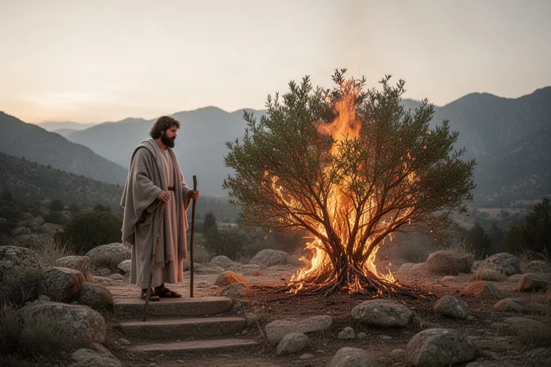 Moses encounters the burning bush in the wilderness