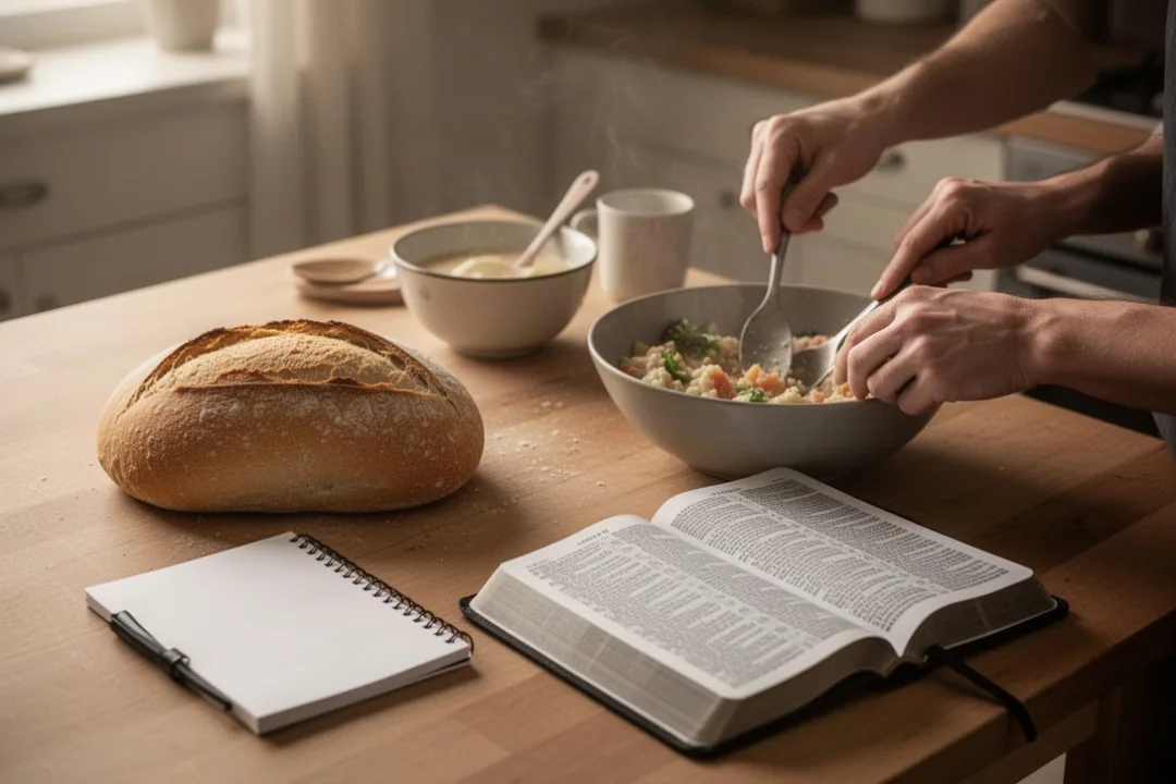 Simple daily bread and prayer setting on a warmly lit kitchen table