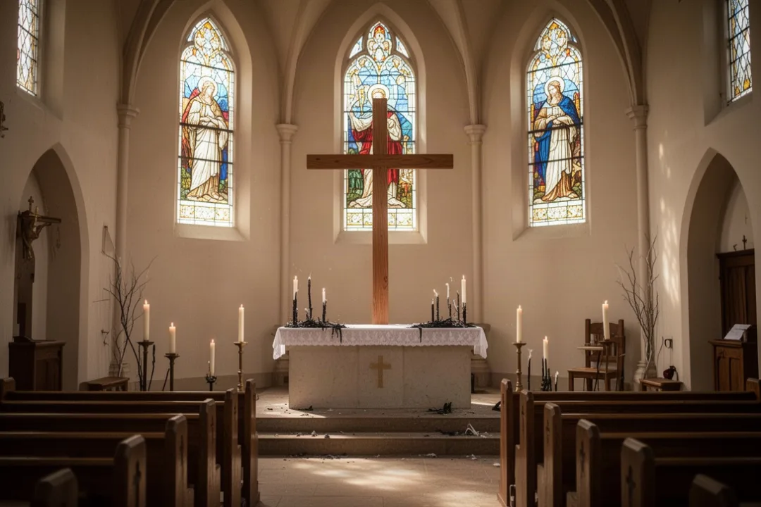 Bare church sanctuary with cross and extinguished candles on Good Friday