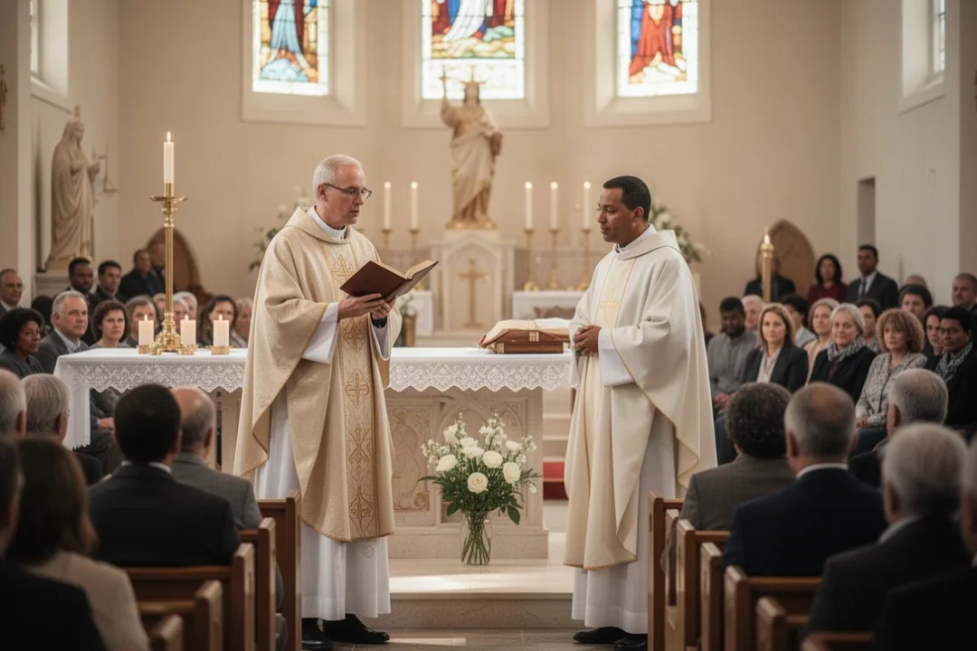 Catholic deacon proclaiming the Gospel during a parish Mass