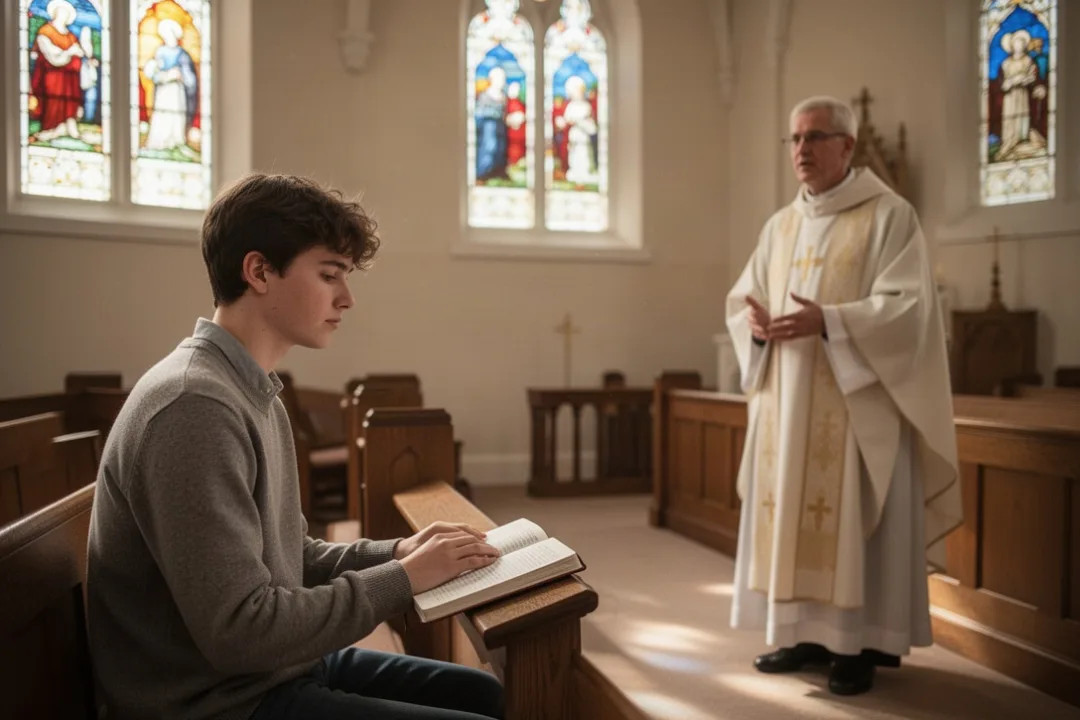 Young Catholic discerning a vocation during a quiet parish conversation