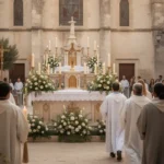 Catholic parishioners celebrating a feast day with candles and flowers