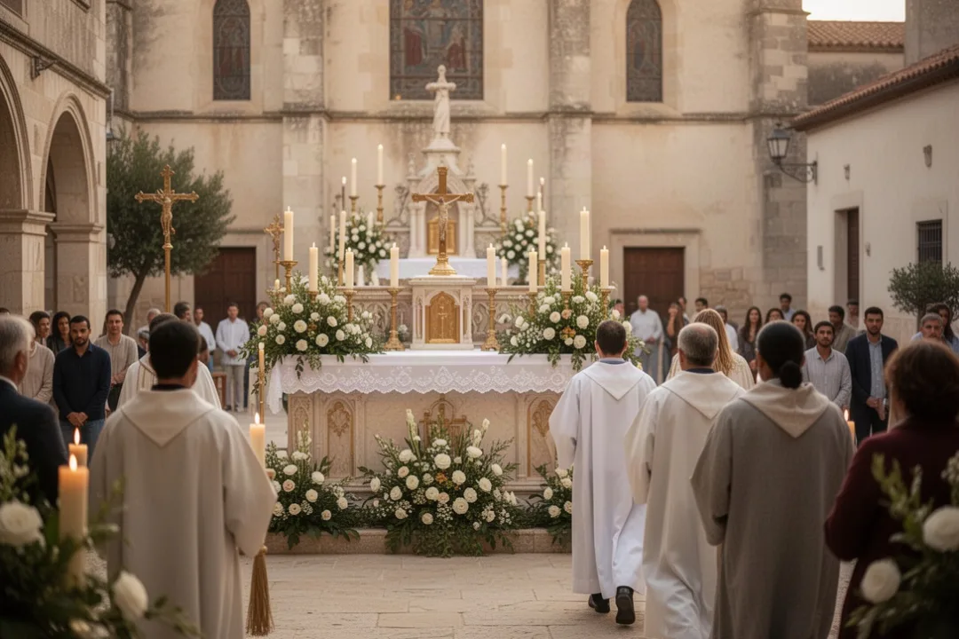 Catholic parishioners celebrating a feast day with candles and flowers