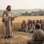 Teacher sharing a biblical parable beside a field