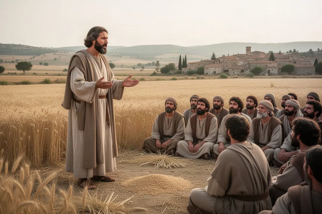 Teacher sharing a biblical parable beside a field