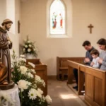 Family praying near a patron saint statue in a quiet chapel