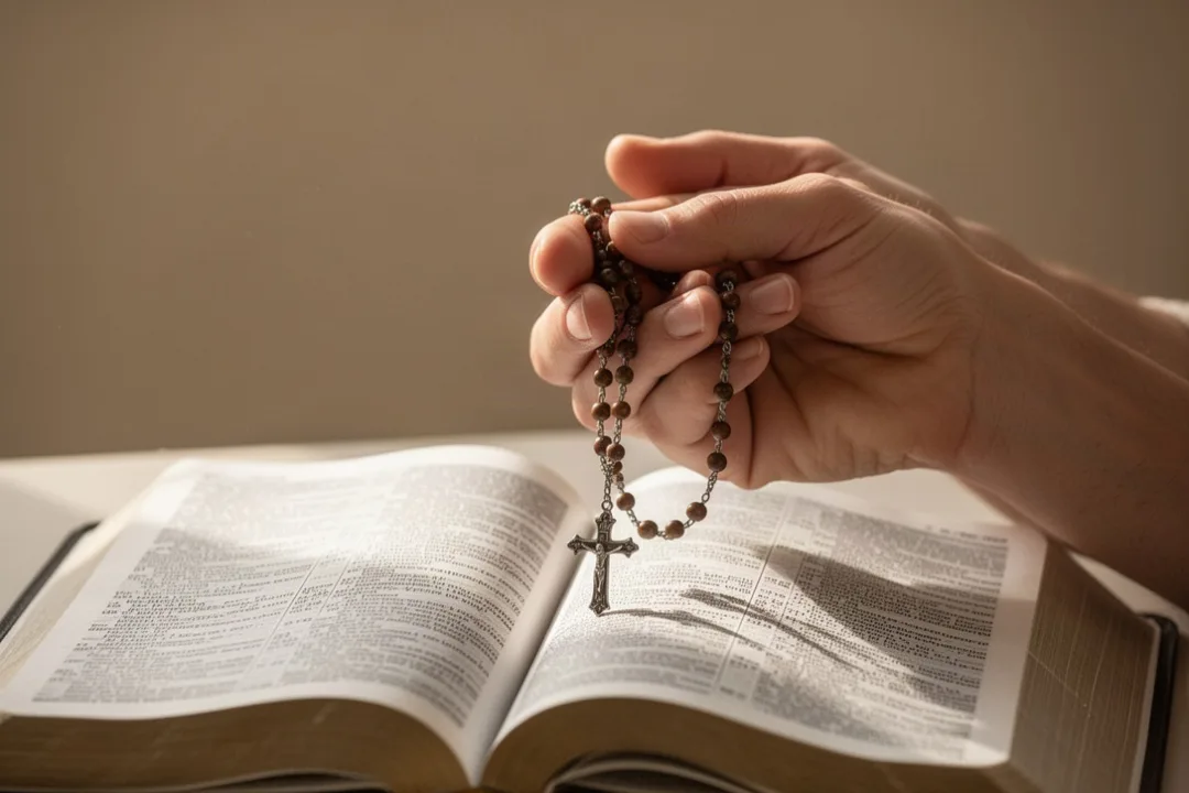 Hands holding rosary beside an open Bible during quiet prayer