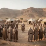 Ancient Israelite assembly hearing Moses before entering the promised land