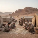 Israelites gathering manna across a desert camp at dawn