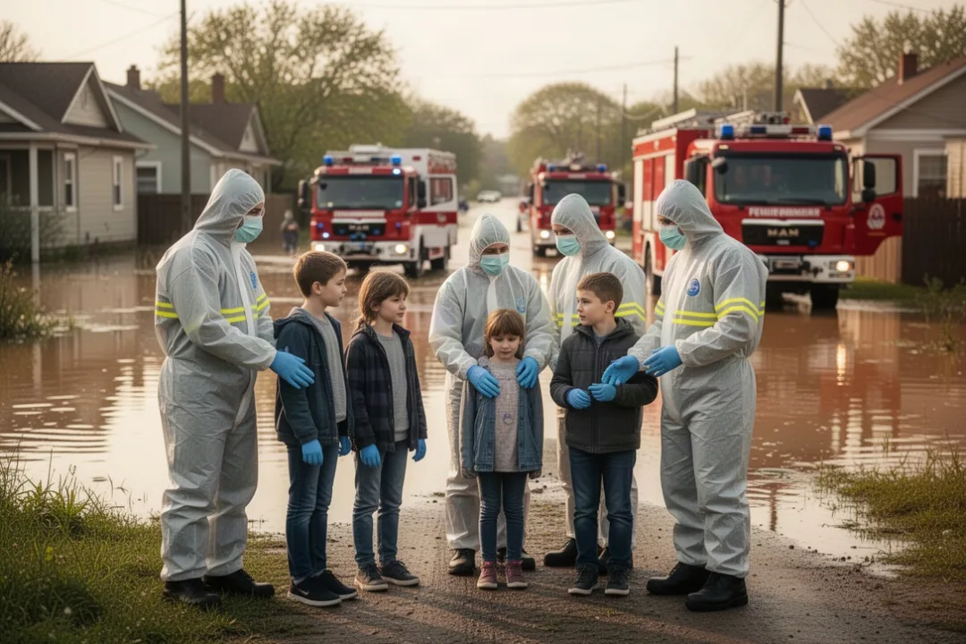 Civil defense volunteers helping families after a neighborhood flood