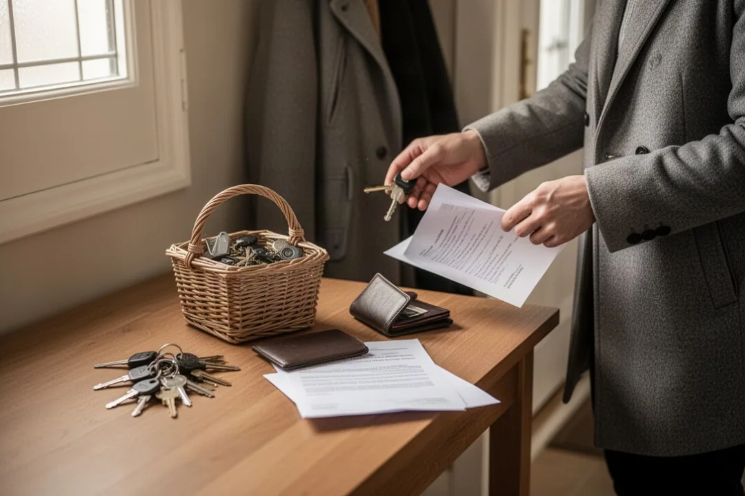 Person searching for lost keys and documents while praying to Saint Anthony