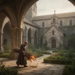 What is Saint Benedict best known for? Benedictine monk carrying firewood in a monastery courtyard