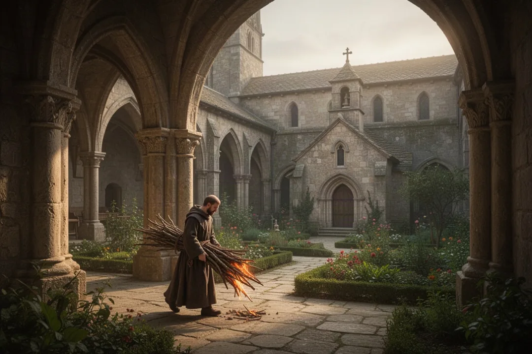 Benedictine monk carrying firewood in a monastery courtyard