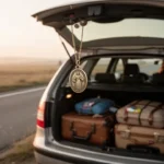 St. Christopher medal hanging inside a car before a journey