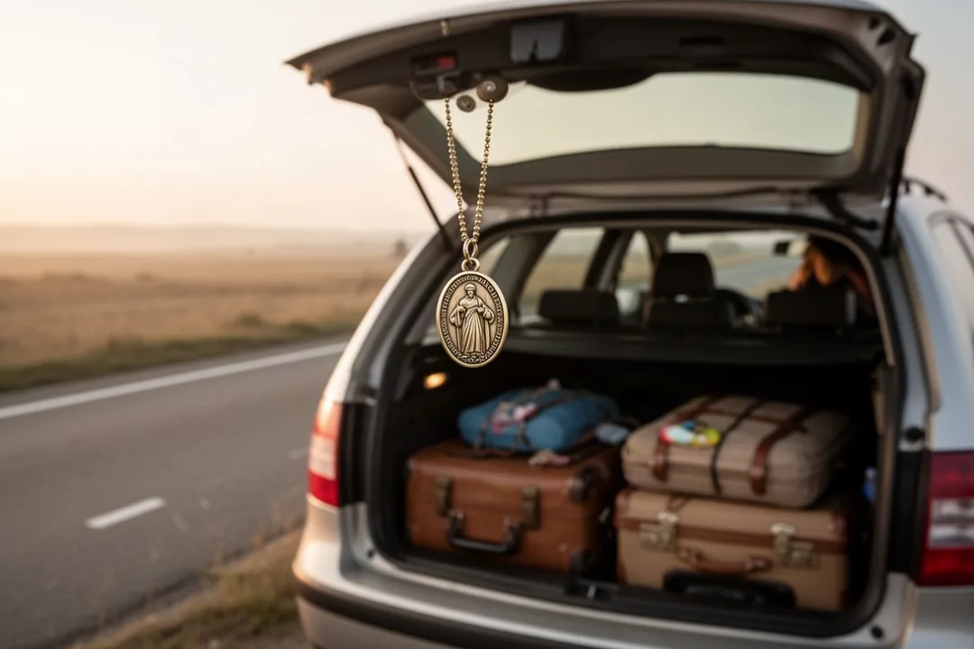 St. Christopher medal hanging inside a car before a journey