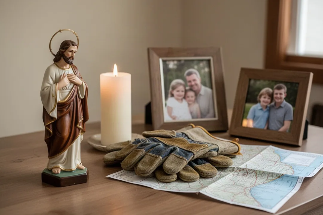 St. Joseph statue beside candle, work gloves, family photographs, and map