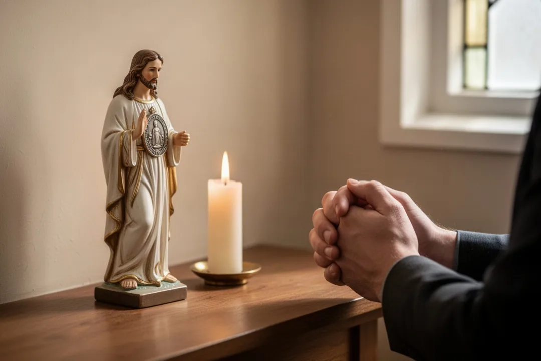 Prayer corner with a St. Jude statue and candle