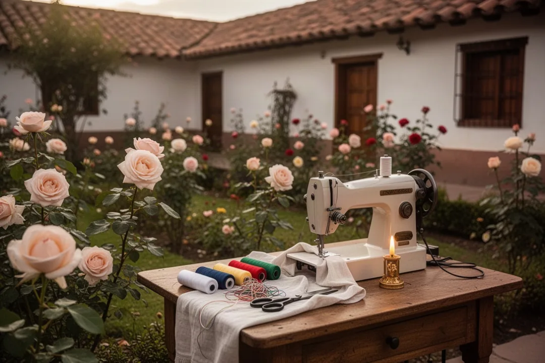 Roses and sewing materials representing St. Rose of Lima’s patronages