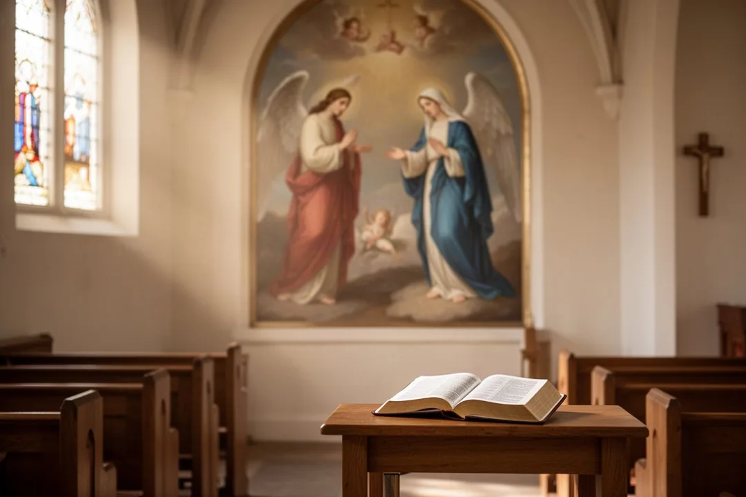 Church interior with Annunciation artwork and open Bible