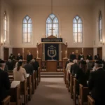 Worshippers observing Yom Kippur in a quiet synagogue during evening prayers