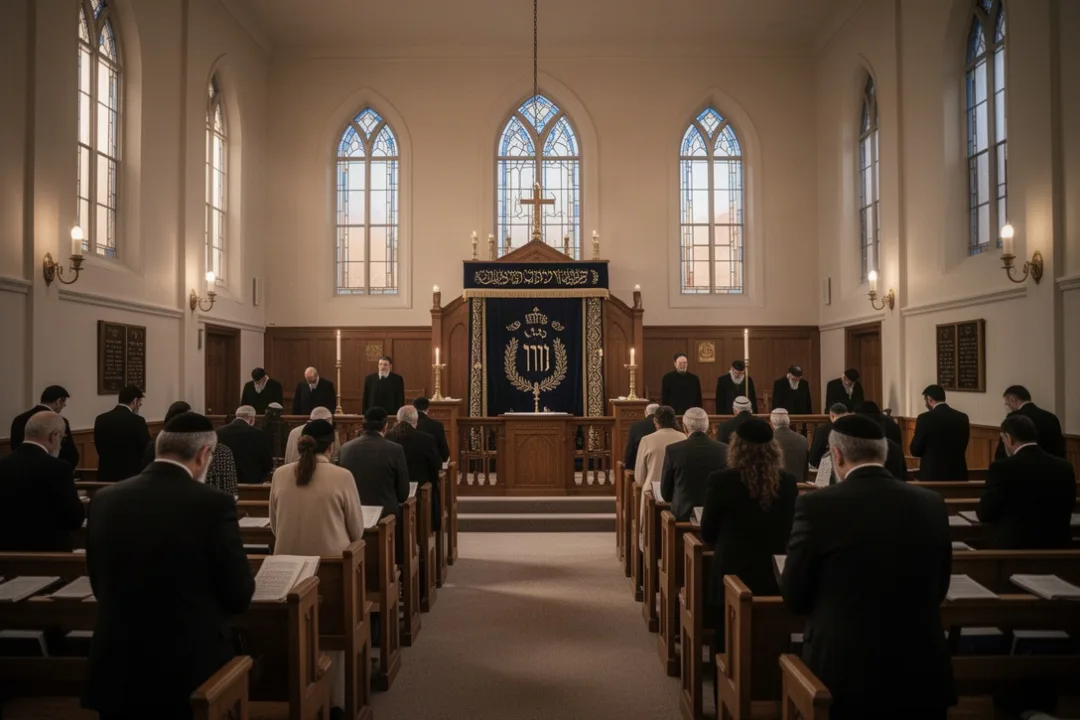 Worshippers observing Yom Kippur in a quiet synagogue during evening prayers