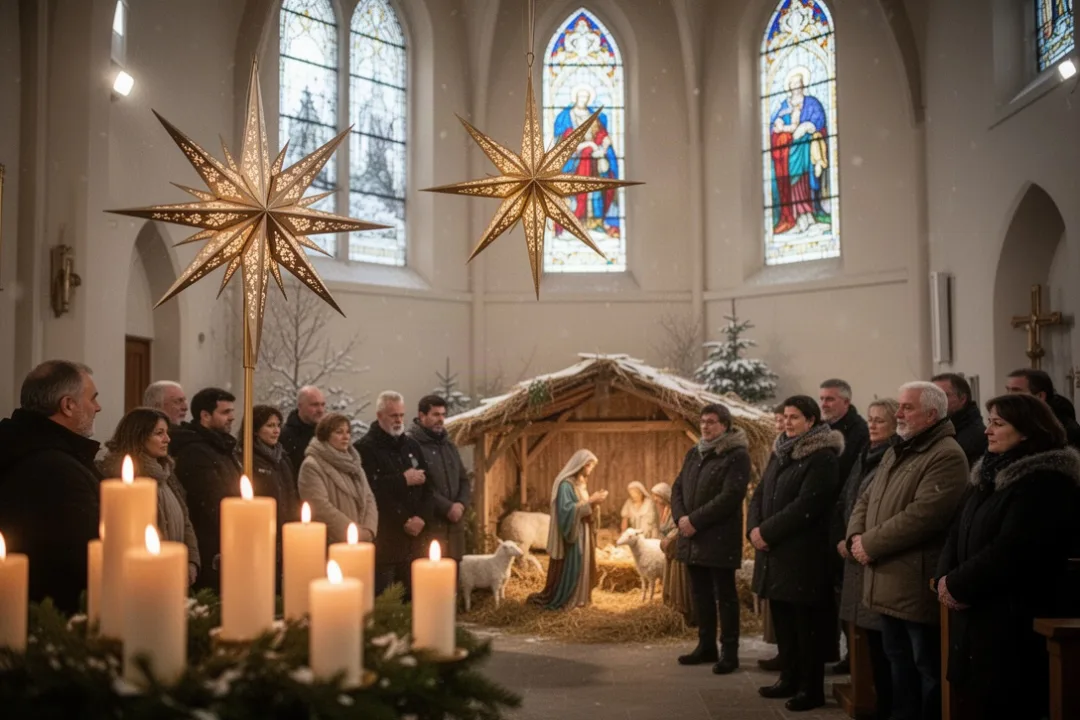 Church worshipers celebrate Epiphany beside candles and a nativity display