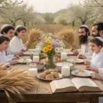 Jewish family sharing a Shavuot harvest meal with flowers and study books