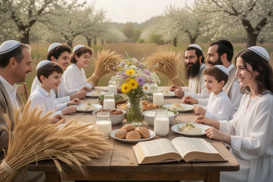 Jewish family sharing a Shavuot harvest meal with flowers and study books