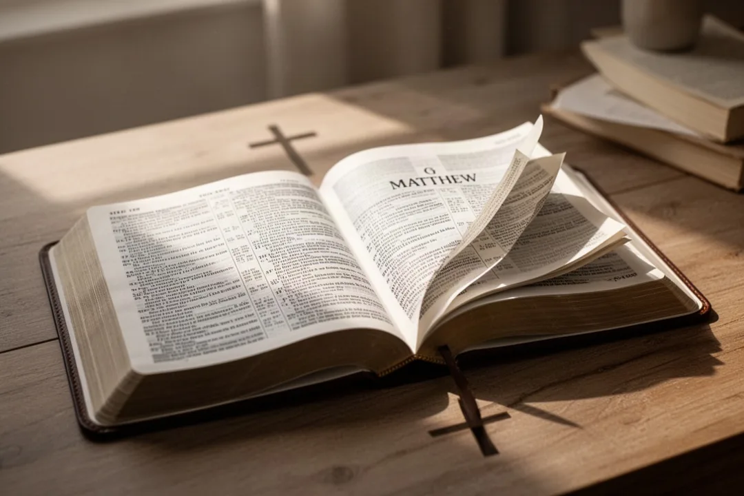 Open Bible representing the first book of the New Testament