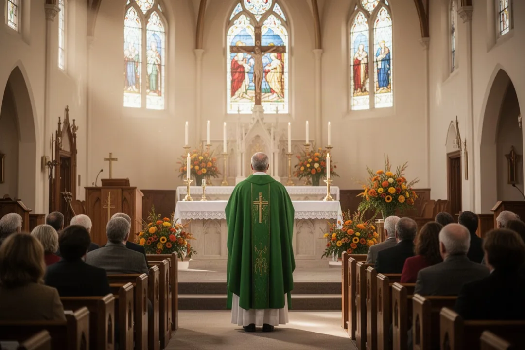 Catholic church interior with green vestments during Ordinary Time