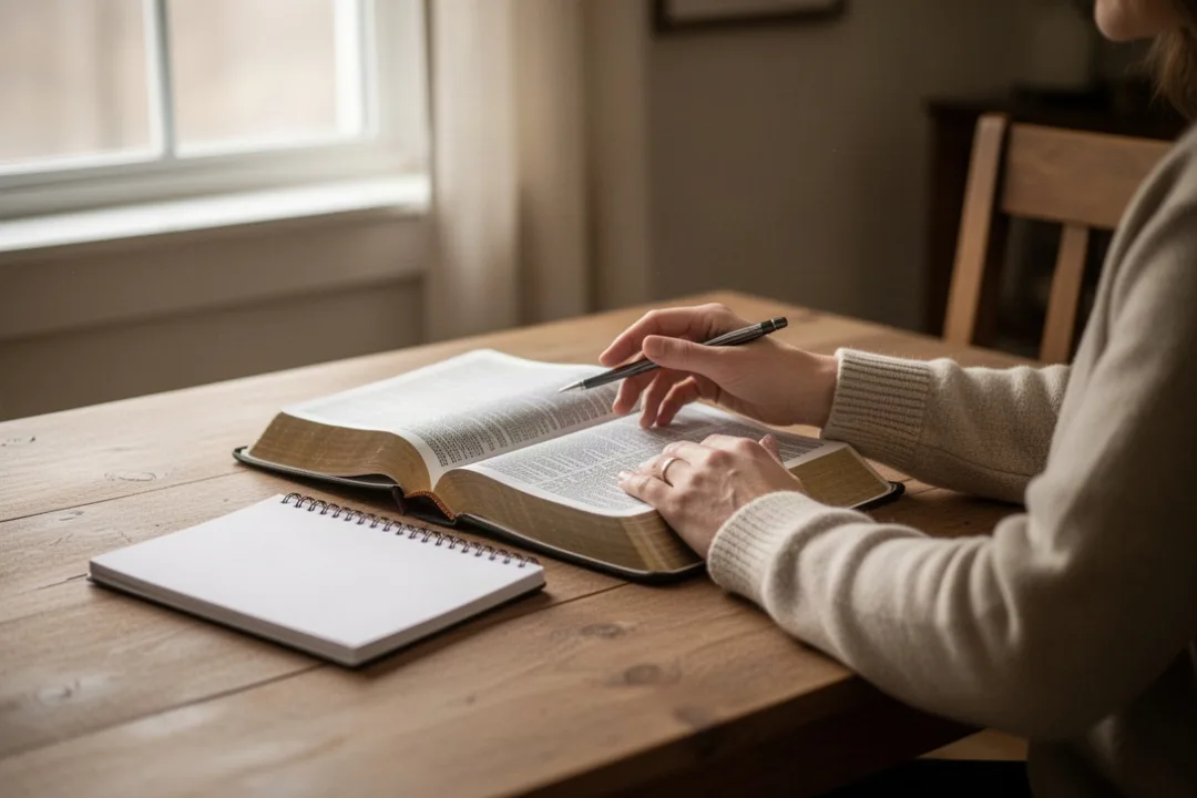 Person studying an open Bible beside a notebook in soft morning light