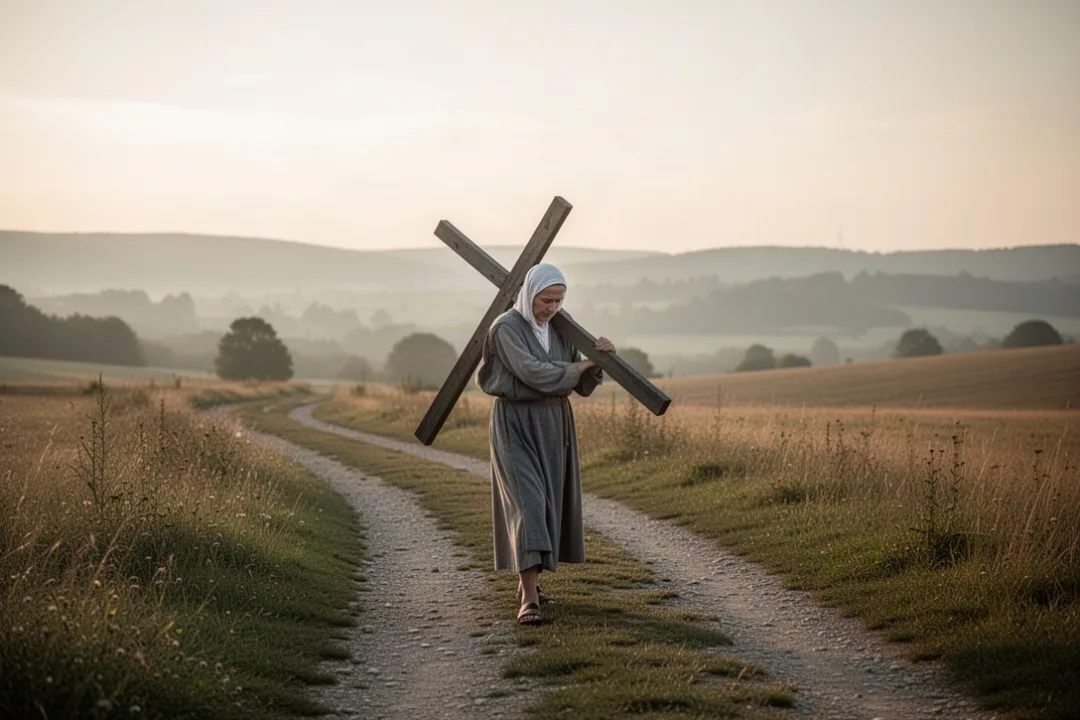 Worshiper carrying a wooden crossbeam along a quiet dawn path