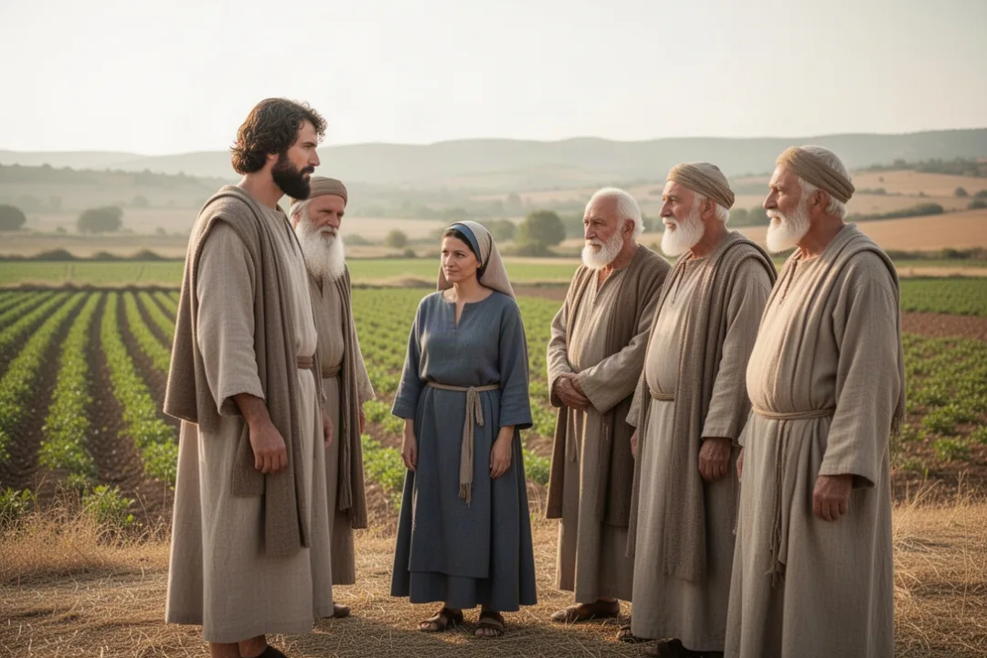 Family redeemer standing with widow beside ancestral farmland