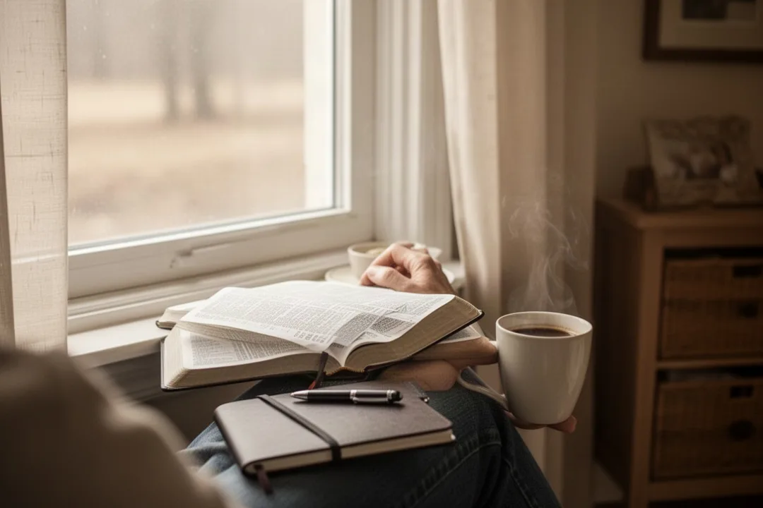 Person reflecting on Scripture during a quiet morning at home