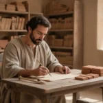 Ancient scribe recording information on clay tablets at a writing desk